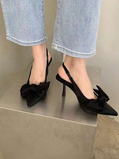 2025 New French Bow Pointed Toe High Heel Women's Sandals, Black Outdoor Fairy Stilettos Suitable For Party, Commute, Valentine's Day Gift