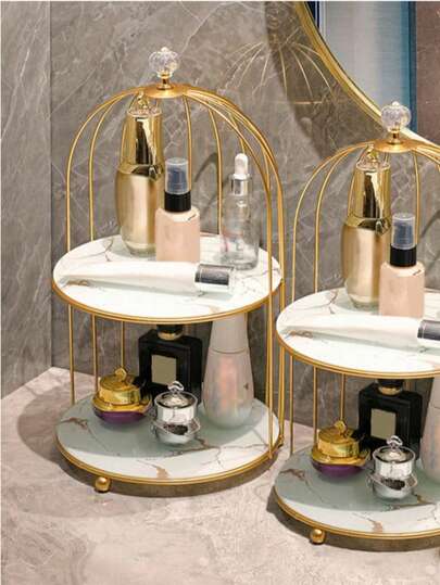 エレガントな二層式ゴールドキャストアイアン製バードケージケーキスタンド - リビングルームのデザート展示台、スナック、フルーツ、お菓子に最適