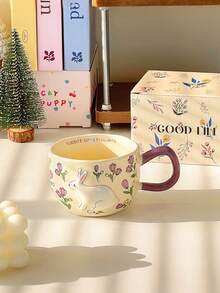 1 cană ceramică cu model floral colorat de iepure, cană ceramică adorabilă cu iepure 3D și detalii vibrante pe mâner, potrivită pentru cafea, cereale, decor de primăvară pentru casă și ocazii de Paște