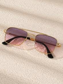 1 Pair Unisex Metal Square Double-Bridge Fashion Glasses, Eyewear For Street Style, Travel, Party - Gold - View 4