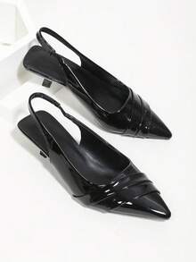 Black Patent Leather High Heel Shoes, Basic Style, Party Wear, Kitten Heel, Pointed Toe, Ankle Strap, Women's High Heel Sandals - Black - View 4