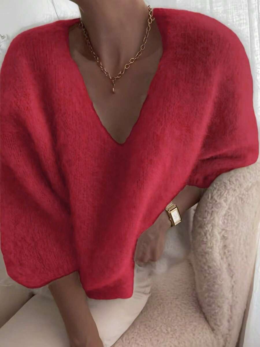 Women's V-Neck Solid Color Fine Velvet Knitted Sweater, Autumn/Winter - Red - View 1