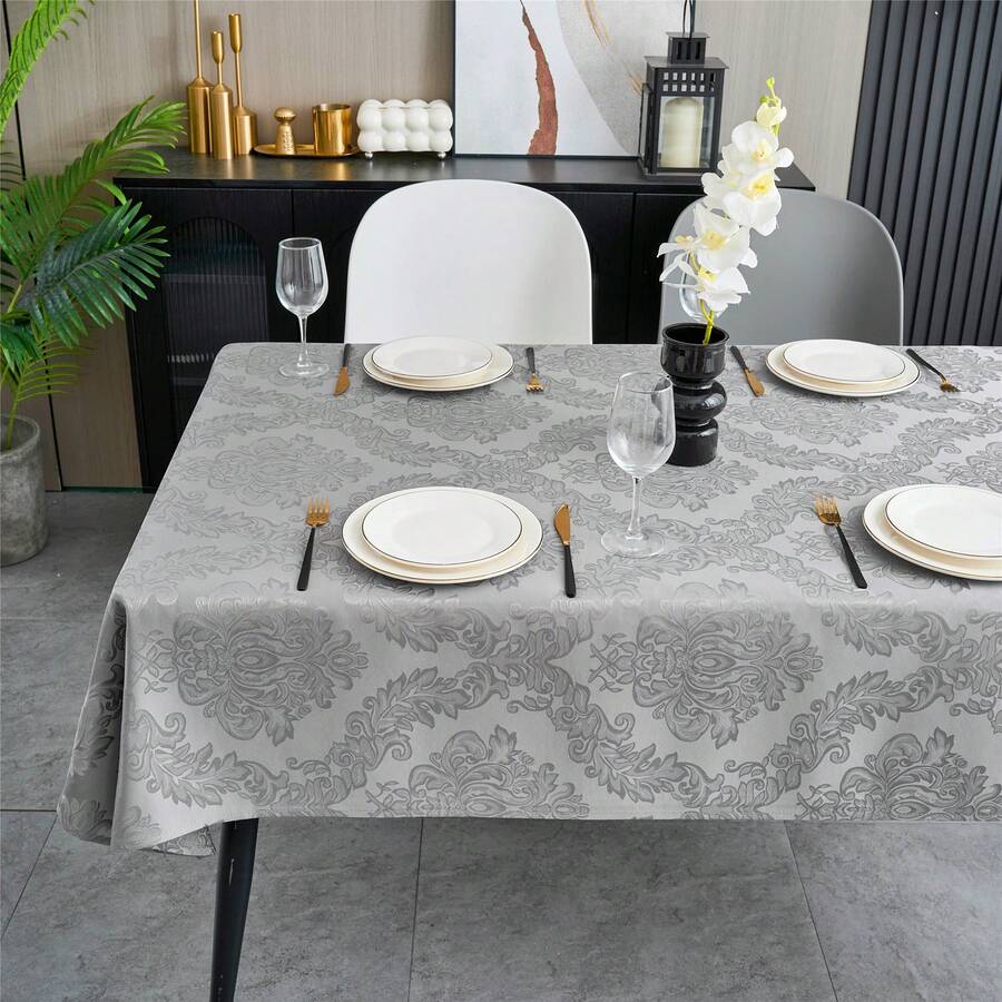 Tablecloth Rectangle 60 X 120 Inch, Damask Table Cloth, Heavy Weight Fabric Table Cover For Dining, Parties, Indoor, Outdoor, Birthday Tablecloth, Floral Fitted Tablecloth For 6 Foot Rectangle Tables, Elegant Design, Gray