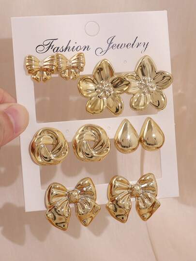 10pcs Fashionable Metallic Flower Stud Earrings Set, Women Stylish Earring Jewelry Set, Lightweight CCB Material For Daily Wear