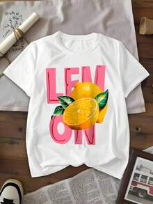 Bright Lemon Fruit Graphic Tee,Women's Christmas Print Round Neck Short Sleeve Casual Versatile T-Shirt,220 Grams Heavyweight Cotton Printed T-Shirt