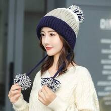 Gorro de invierno peruano para mujeres con orejeras, gorro de esquí de sherpa, gorros de nieve de punto forrados de lana con 3 pompones - M8375-zangqing - Ver 2