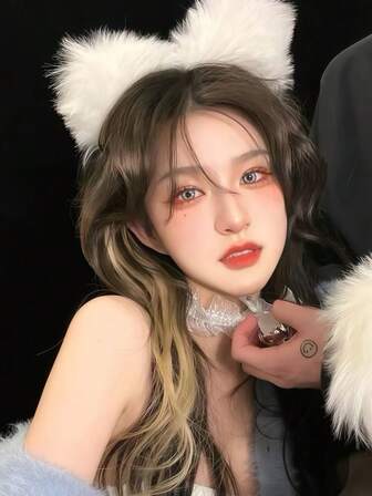 1个白色毛绒猫耳发箍，兔毛发饰，新款洗脸蓬松发箍，带兔耳，适合派对、聚会、舞台表演，聚酯纤维材质