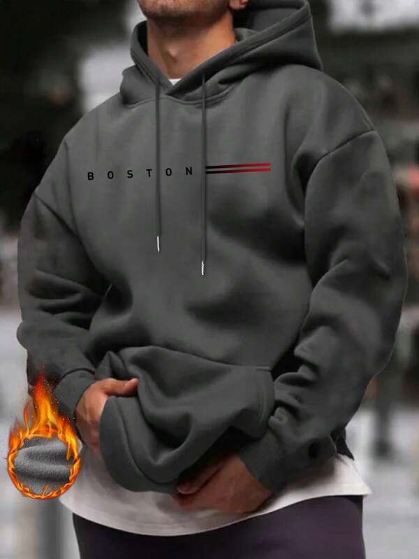 Men's Casual Boston Design Print Loose Pocket Hoodie Sweatshirt, Comfortable Sports Wear Choice For Autumn/Winter