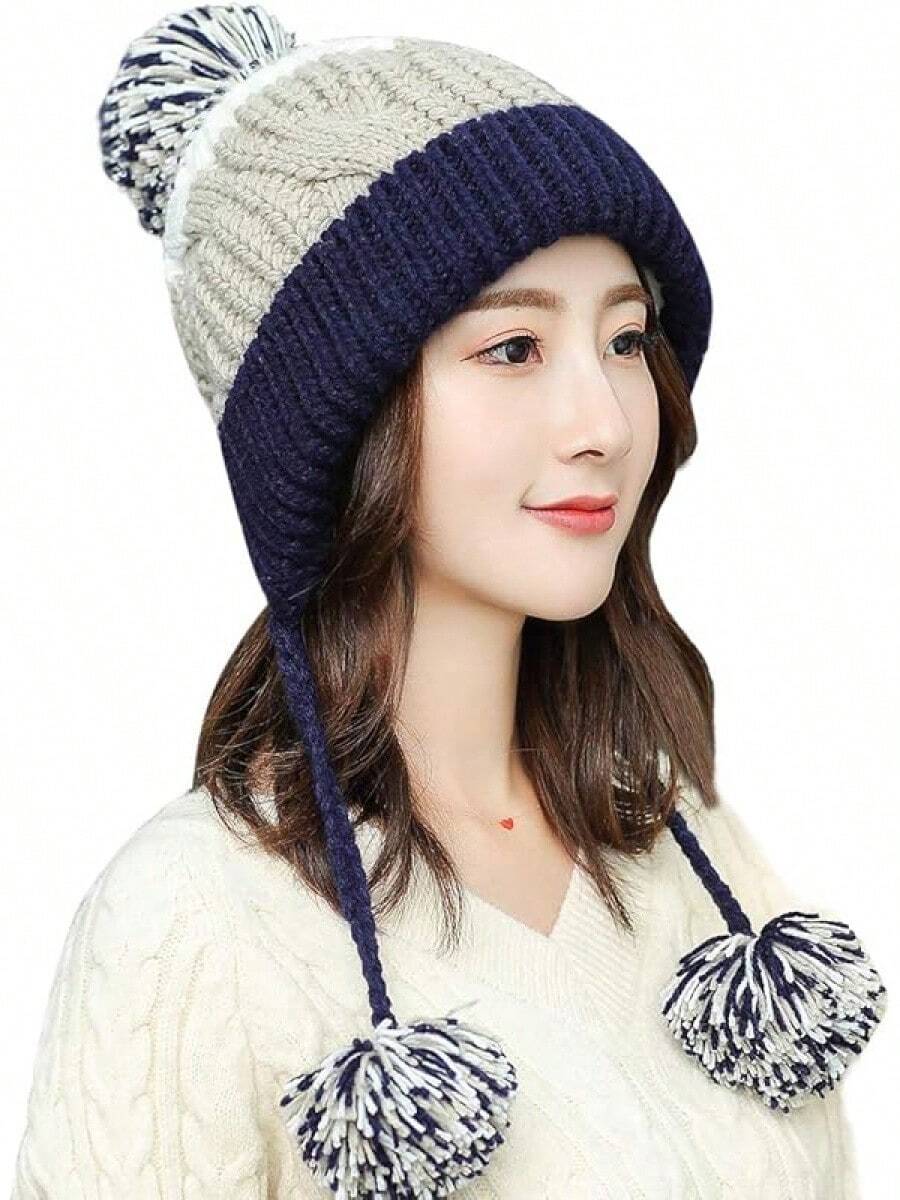 Gorro de invierno peruano para mujeres con orejeras, gorro de esquí de sherpa, gorros de nieve de punto forrados de lana con 3 pompones - M8375-zangqing - Ver 1
