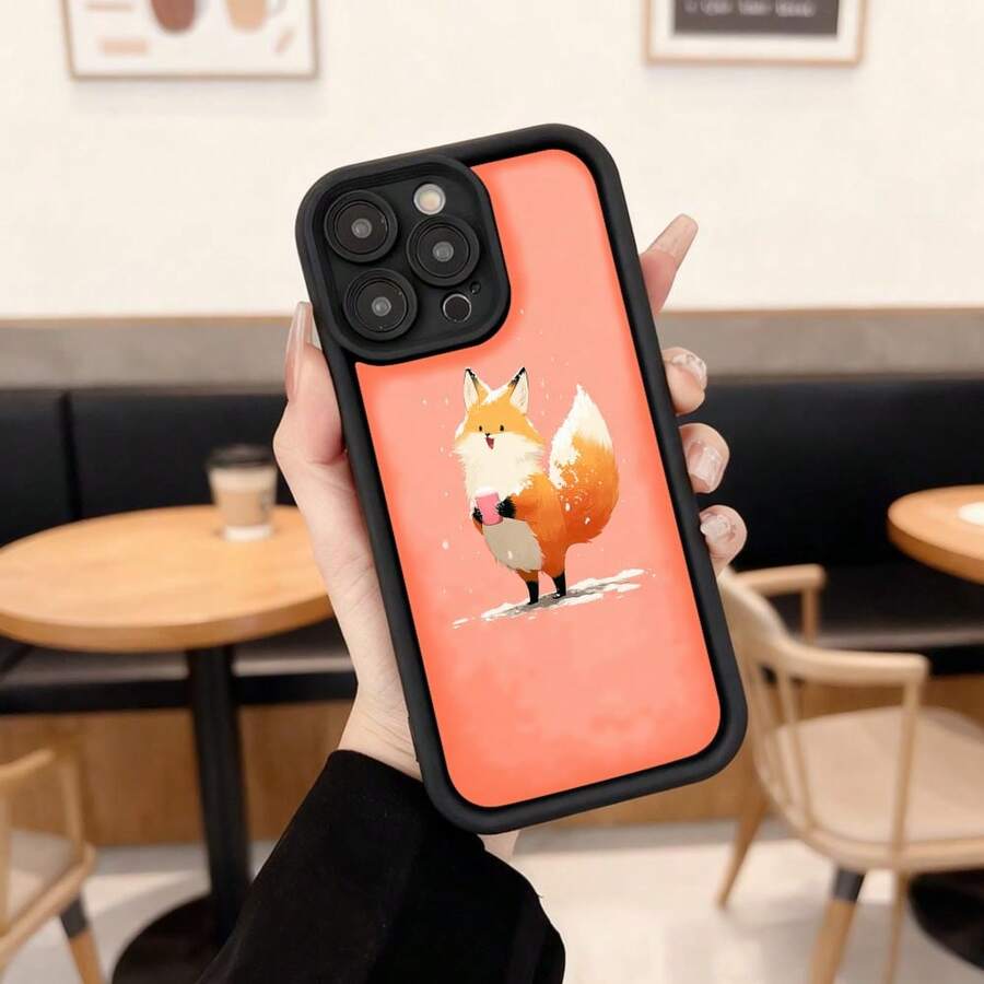 Phone Case With Black Border And Coral Back With Animated Fox Print For Daily Use In Cafes Suitable For Apple Series Phones - White - View 1