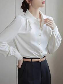 Women's Elegant White Shirt, Luxurious High-End Commuting Style, Suitable For All Seasons, Professional Outerwear, Solid Color Front Button Spring - White - View 4