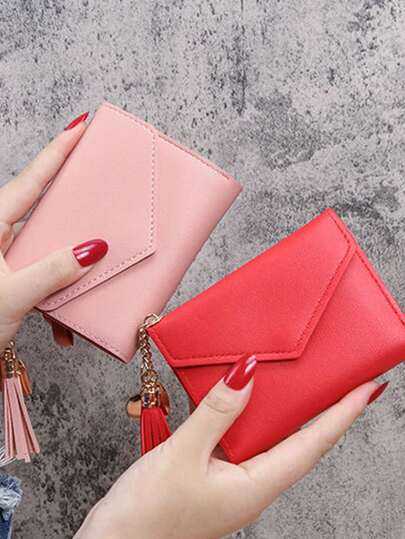 1pc - Cute Tassel Pendant Decorative Wallet, Synthetic Leather Multifunctional Wallet, Short Wallet, Coin Wallet, Flip Card Holder. Ladies' Wallet Envelope Bag Design. Document Organizer Pouch