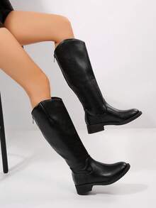 女士平底过膝长靴，V型弹力高筒靴，方头修身靴，软皮长靴，秋冬新品，牛仔靴 - 黑色 - 查看 3