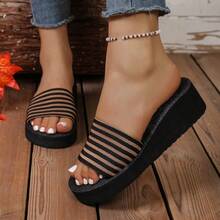 Women's Thick Sole Rope Strap Slide Sandals, Suitable For Beach, Home, Daily Wear, Summer, Striped - Coffee Brown - View 10