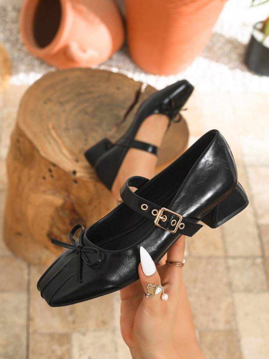 Fashionable Minimalist Style Chunky Heel Women's Pumps, Square Toe With Pleats, Faux Leather Material With Bow Accent - Black - View 1