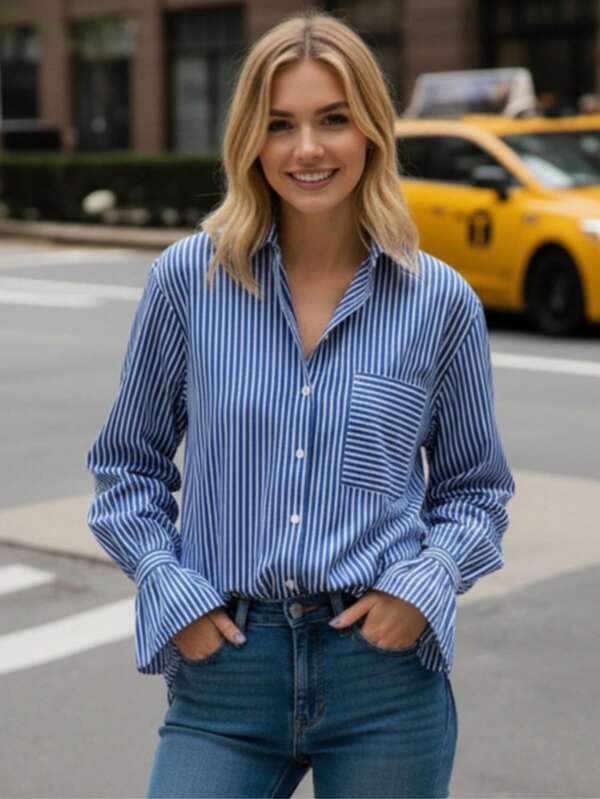 Women's Elegant Pocket & Open Sleeve Design Blue Striped Long Sleeve Shirt, Suitable For Daily Office Wear, Autumn