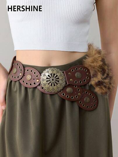 Hershine 1 szt. damski brązowy pasek w panterkę z owalnymi, puszystymi koralikami, styl boho zachodni, uniwersalny dodatek do sukienek i dżinsów