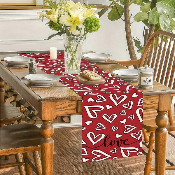 1 pièce - Chemin de table romantique pour la Saint-Valentin - 13x72 pouces, tissu texturé en lin élégant avec motifs de cœurs rouges et d'amour. Décoration de table de salle à manger pour soirée romantique, anniversaire et célébration à la maison