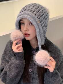 1 szt. Damska gruba dzianinowa czapka beanie, wzór w bloki kolorów, ciepła podszewka, wiatroszczelna, oddychająca, do noszenia na zewnątrz, styl casualowy, odpowiednia na jesień/zimę