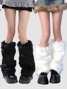 1 Pair White Fur Women Y2K Fur Leg Warmers Soft Furry Leg Warmers For Women Winter Fluffy Boot Cuffs Covers Halloween Santa Costume - Multicolor - View 2
