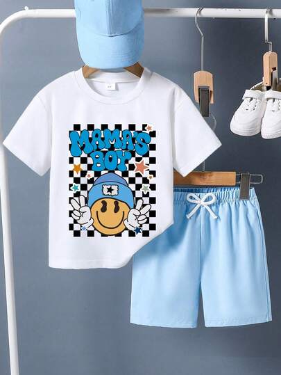 2pcs/Set Young Boy Letter & Checkerboard Print Round Neck Short Sleeve Casual T-Shirt And Shorts Set