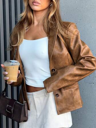 女士冬季复古PU夹克外套，圣诞节、约会等场合的服装