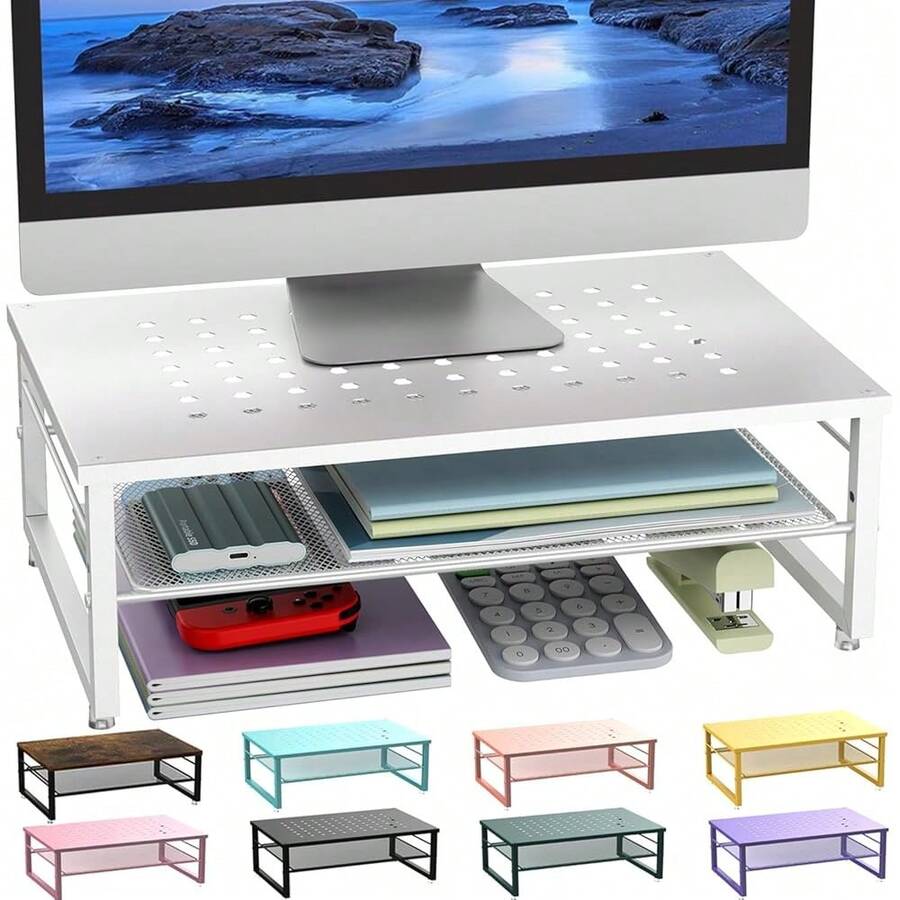 2-Tier Metal Monitor Stand Riser, Desk Accessories & Workspace Desk Organizers, Office Desk Storage Organizer For Office Supplies (White){Inchcolor_nameinch:InchWhiteinch} - White - View 1
