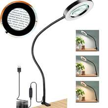 Lampă de birou LED reglabilă cu lupă - reglabilă, gât de lebădă flexibil, rotație la 360°, lupă 10X, alimentată prin USB, 3 moduri de iluminare, reglare a luminozității pe 10 niveluri, potrivită pentru citit, muncă la birou și meșteșuguri - iluminare cu clips care protejează ochii