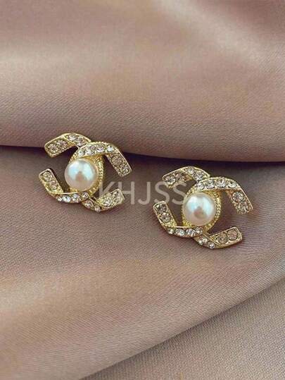 2pcs Fashionable Luxury Encrusted Criss-Cross Pearl Stud Earrings, Versatile C-Shaped Earrings Suitable For Women's Daily Wear, Outings And Events-ASDFQWEQWEKL