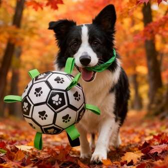 Juguete de entrenamiento interactivo de fútbol para perros, con diseño de huella de pata, goma resistente con correa para tirar - Adecuado para perros medianos a grandes, juego en interiores y exteriores, entrega de color aleatorio en morado y negro