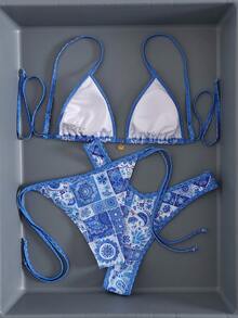 Y2K 波希米亞風女款復古藍白瓷印花三件式比基尼套裝，掛脖可調式肩帶上衣、高衩泳褲，適合夏季度假 - 藍色 - 查看 6