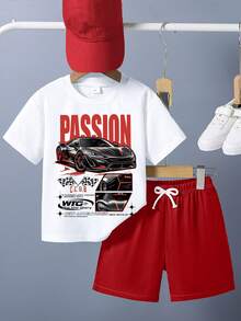 Young Boy Slogan & Car Print Round Neck Short Sleeve Casual T-Shirt And Shorts Set - White - View 2
