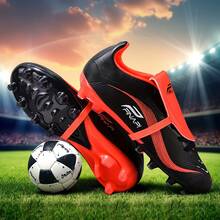 1 Pair Unisex Adult Student Youth High-Top Outdoor Artificial Turf Training Shoes Professional Team Sports Shoes Front Lace-Up Rubber Sole AG/FG Long Stud Football Cleats - Black and Red - View 1