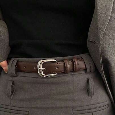 A Simple Yet Elegant Shiny Silver Buckle Leather Belt Suitable For Students And Young People For Decoration, Korean Style For Autumn, Autumn, Halloween, Suitable For Gifting To Best Friends, Friends, Elders, Colleagues, Partners, Suitable For Dance Parties, Gatherings, Social Events, Can Be Used As Birthday Gifts, Christmas Gifts, Halloween Gifts, Easter Gifts, New Year Gifts, Valentine's Day Gifts, Back-To-School Gifts, Graduation Gifts, Party Gifts