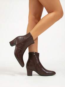 秋冬女士时尚粗跟短靴，多功能拉链优雅尖头性感派对踝靴，秋季酒红色高跟鞋 - 咖啡棕 - 查看 5