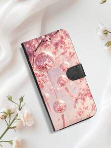 1個 高級で丈夫なレザーウォレットスマホケース 桜と風鈴のファンタジーデザインスマホケース 日本風ロマンチック癒し系 無線充電対応 対応、キックスタンド、クレジットカードスロットホルダー、耐衝撃スマホカバー、防水、落下防止、傷防止、フルカバー。 - ブラック - チェックする 4
