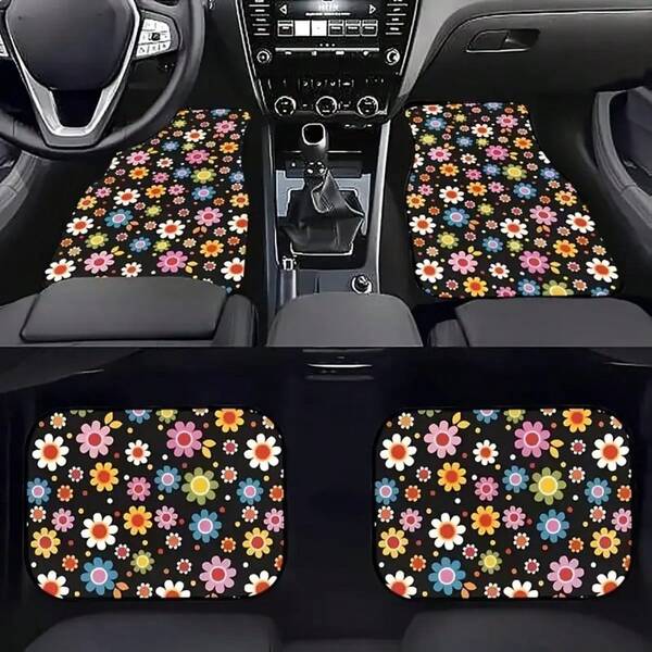 4 piezas Alfombrillas de coche con estampado floral - Alfombras delanteras y traseras antideslizantes y resistentes a todo clima de poliéster, accesorios de coche, almohadillas protectoras de coche, aptas para coches y SUV - Regalo perfecto para cualquiera, accesorios interiores de coche, interior de coche para mujeres, suministros de coche