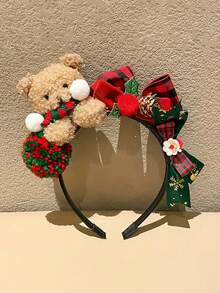 女士圣诞毛绒熊蝴蝶结发箍，新款绿色/红色泰迪熊毛绒发饰，饰有可爱蝴蝶，是节日场合的完美之选——时尚拍照道具、派对发箍，轻盈优雅的设计，是送给女士的理想节日礼物 - 彩色 - 查看 4