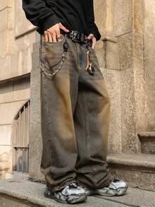 HEHCN 男士水洗复古做旧宽松直筒休闲牛仔裤，街头风百搭牛仔裤 - 鏽棕色 - 查看 3