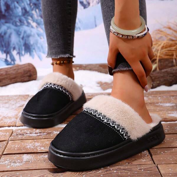 Pantuflas planas de ocio cómodas con forro de felpa suave, unicolor con ribete de encaje, forradas térmicamente, adecuadas para otoño e invierno