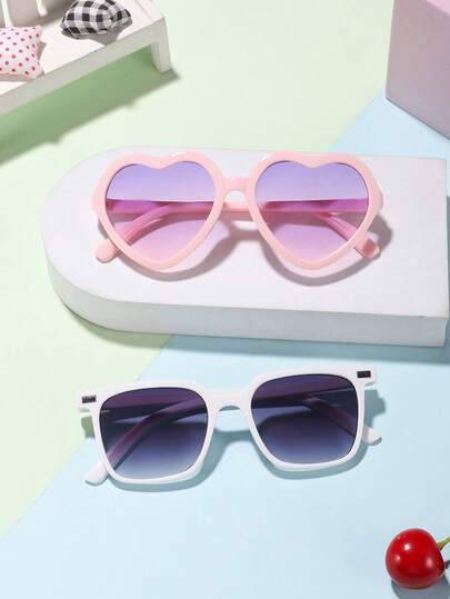 1 Set 2 PCS Boys Girls 9-14Y Sweet Heart/Rectangle Frames Fashion Glasses,Lightweight Fake Glasses For Y2K Accessories And Everyday Use