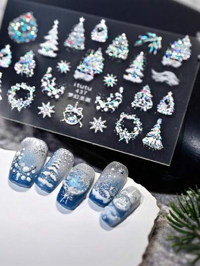 一套圣诞美甲贴纸，3D立体闪光圣诞树，圣诞雪花美甲贴花