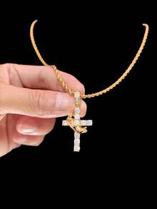 1件立方氧化锆十字架及可活动皇冠吊坠，搭配3毫米不锈钢扭链项链，男女皆宜的嘻哈朋克十字架吊坠项链，时尚优雅复古首饰，适合日常佩戴或派对，情人节礼物 - 金黃色 - 查看 5