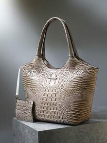 2pcs Elegant Women's Tote,Elegant Large-Capacity Women's Tote | Solid-Color Crocodile-Patterned PU Bag With Secure Zipper, Multi-Pockets, Fixed Strap - Suitable For Work & Outings - Màu Khaki - Xem 2