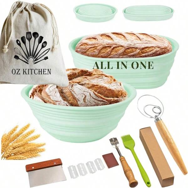Bread Proofing Basket Set Oval Round Sourdough Starter Kit Banneton Proofing Basket Set With Bread Lame Danish Dough Whisk Dough Scraper Bread Bag And Brush Silicone