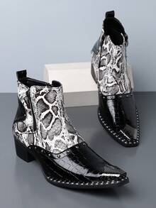 QRLQRL 1 Pasang Sepatu Bot Chelsea Pria Ujung Lancip dengan Paku Keling Logam dan Rantai Samping, Modis, Gaya Punk Kelas Atas, Model Slip-On, Bahan PU, Sol Karet, Nyaman untuk Penggunaan Sehari-hari dan Kasual. - Hitam - View 3