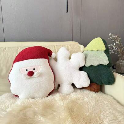 1pc Plush Cute & Warm White Snowflake, Green Christmas Tree, Red & White Santa Claus Decorative Throw Pillow, Christmas Decor Cushion