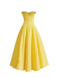 Robe d'été jaune canari boho pour femmes, décolletée avec volants, fermeture éclair dans le dos pour un enfilage facile. Convient pour les vacances à l'île, la plage, les festivals de musique/concerts et le port quotidien