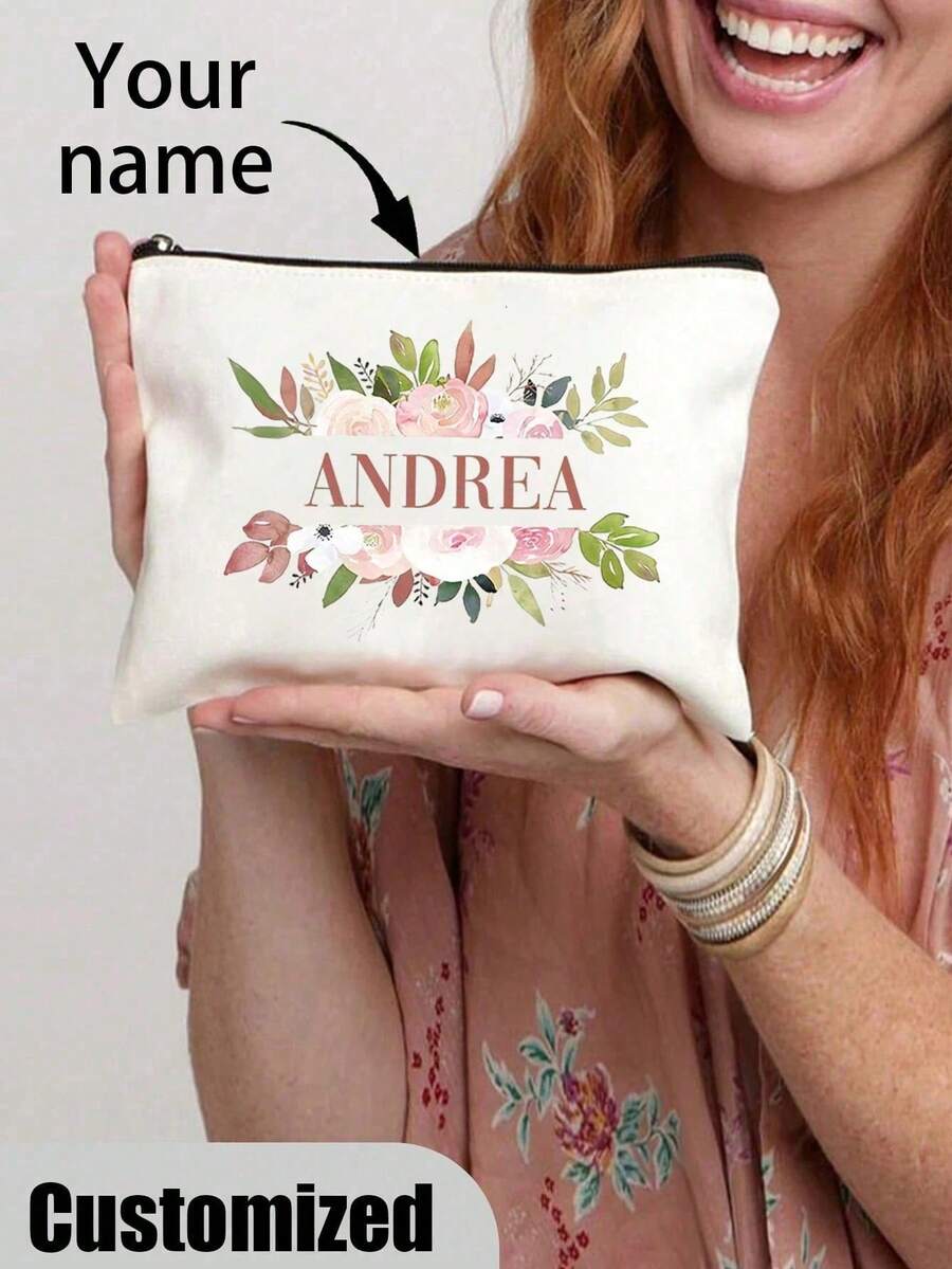 Customizable Floral Pattern Polyester Cosmetic Bag - Personalized Travel Makeup Pouch, Zipper Closure Toiletry Organizer Bag, Lightweight, Foldable, Suitable For Anniversary, Birthday, Holiday/Vacation, Outdoor/Picnic/Travel/Hiking, Business/Commute/Work/Office - Multicolor - View 1