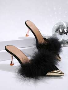 女士黑色高跟套脚鞋，时尚金属鞋头拖鞋，毛绒穆勒鞋，尖头半穆勒鞋，人造毛皮拼接连衣裙高跟鞋，适合秋冬季节，细高跟 - 黑色 - 查看 12